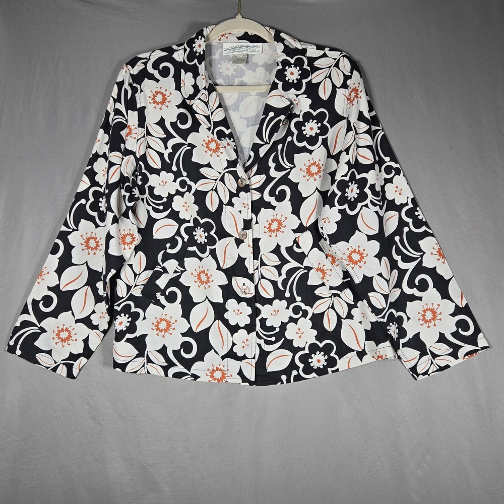 Pineapple Moon Jacket Womens Medium Silk Floral Button Front Black White Orange